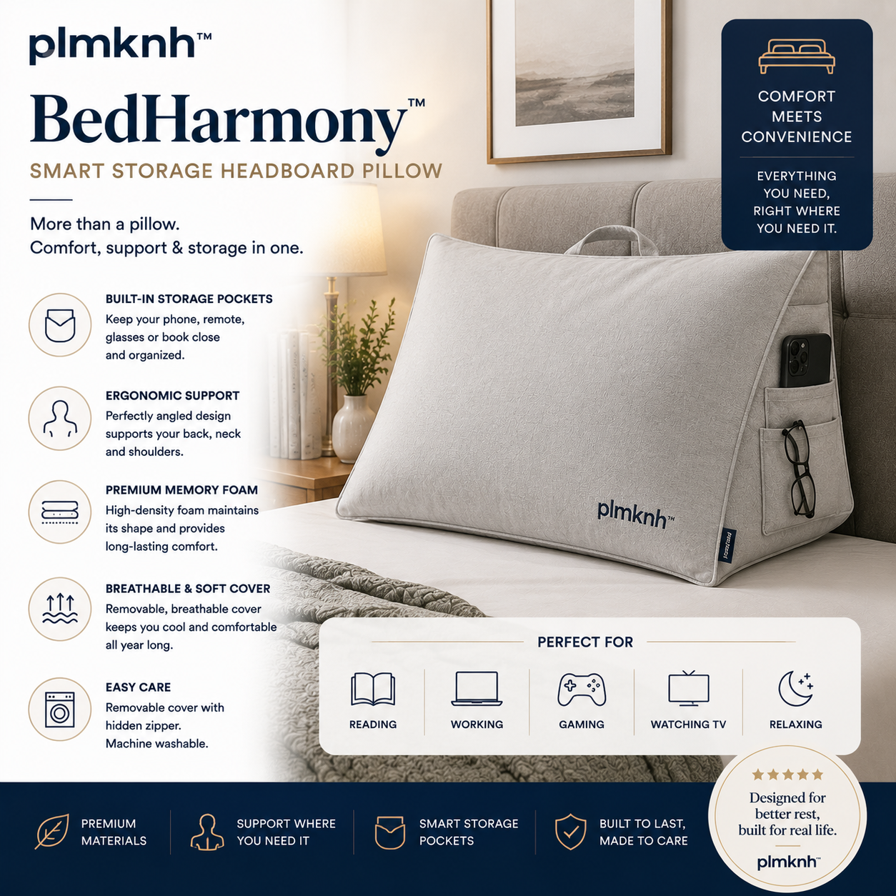 plmknh™ BedHarmony Smart Storage Headboard Pillow